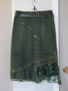 Chagall Denim Skirt with Green Lace Insert